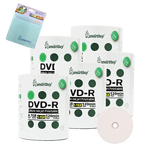 Smartbuy 500-disc 4.7GB/120min 16x DVD-R White Inkjet Hub Printable Blank Media Disc + Free Micro Fiber Cloth