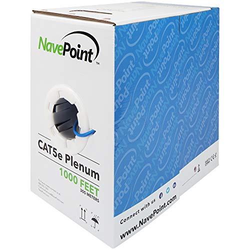 NavePoint Cat5e Plenum Jacket, 1000ft, Blue, Solid Bare Copper Bulk Ethernet Cable, 350MHz, 24AWG 4 Pair, Unshielded Twisted Pair (UTP)