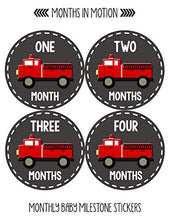 Load image into Gallery viewer, Months in Motion Baby Monthly Stickers - Baby Milestone Stickers - Newborn Boy Stickers - Month Stickers for Baby Boy - Baby Boy Stickers - Newborn Monthly Milestone Stickers - Fire Engine Truck
