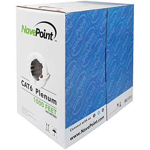 NavePoint Cat6 Plenum (CMP), 1000ft, White, Solid Bare Copper Bulk Ethernet Cable, 550MHz, 23AWG 4 Pair, Unshielded Twisted Pair (UTP)