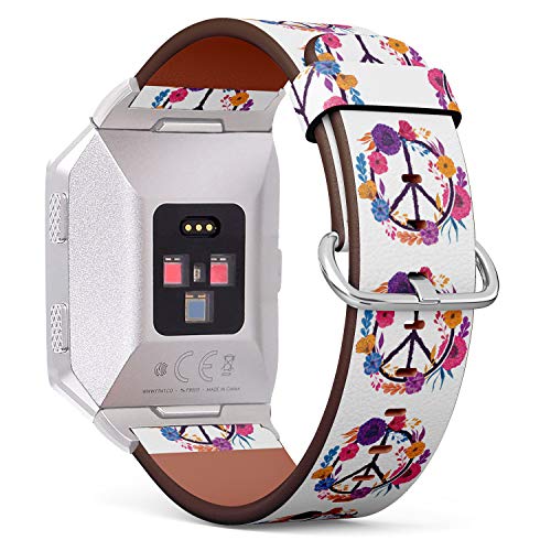 (Hippie Floral Peace Sign Symbol) Patterned Leather Wristband Strap for Fitbit Ionic,The Replacement of Fitbit Ionic smartwatch Bands