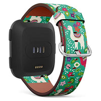 Replacement Leather Strap Printing Wristbands Compatible with Fitbit Versa - Llama Pattern with Fitbit Cactus, Ladybug on a Turquoise Background