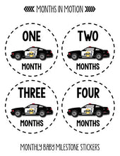 Load image into Gallery viewer, Months in Motion Monthly Stickers for Boy - Monthly Milestone Sticker - 12 Monthly Milestone Stickers - Baby Month Stickers for Infant First Year - Belly Stickers - Police Officer Car
