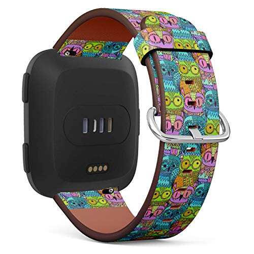 Replacement Leather Strap Printing Wristbands Compatible with Fitbit Versa - Colorful Tribal Owls Pattern