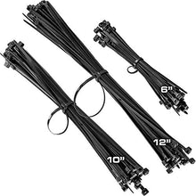 Load image into Gallery viewer, Pro-Grade, Black Zip Ties Multisize Set of 150. High-Strength Cable Tie Pack Has 50x 6 10 12 inch UV-Resistant Nylon Fasteners. Durable Wraps For Storage, Organization and Wire Management.

