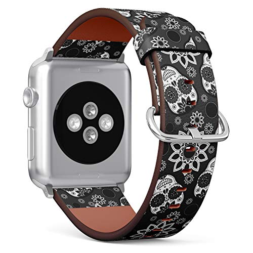 Compatible with Big Apple Watch 42mm, 44mm, 45mm (All Series) Leather Watch Wrist Band Strap Bracelet with Adapters (Sugar Skull)