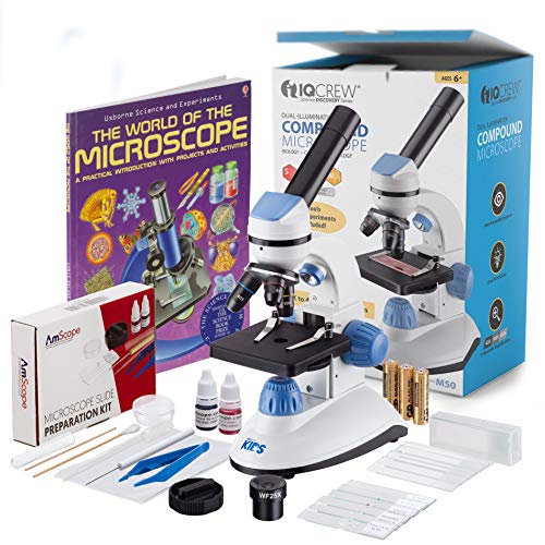 AMSCOPE-Kids M50C-B14-WM 40X-1000X Dual Illumination Microscope (Blue) with Slide Prep Kit and Book
