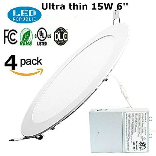 Led 15W 6-inch 1000 Lumen Energy Star UL Dimmable Slim Ultra Thin Retrofit LED Recessed Lighting Fixture, Daylight White 5000K 120W Halogen Equivalent for New Construction and Remodel (4 Pack)