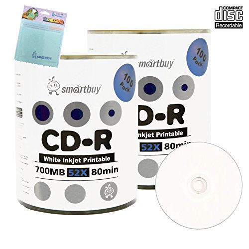 Smartbuy 200-disc 700mb/80min 52x CD-R White Inkjet Hub Printable Recordable Disc + Free Micro Fiber Cloth