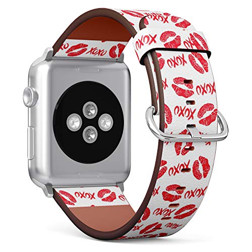 Compatible with Big Apple Watch 42mm, 44mm, 45mm (All Series) Leather Watch Wrist Band Strap Bracelet with Adapters (Lipstick Kisses Hugs Brush)