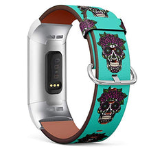 Load image into Gallery viewer, Replacement Leather Strap Printing Wristbands Compatible with Fitbit Charge 3 / Charge 3 SE - Sugar Skull Turquoise Background
