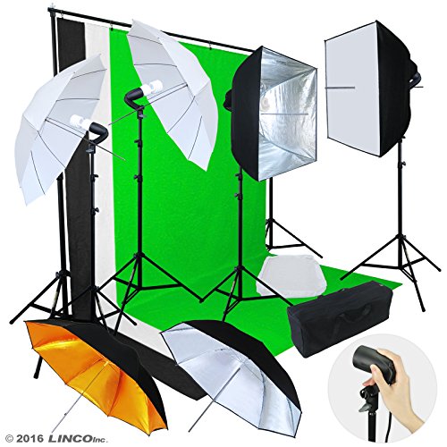 Linco Lincostore Photo Lighting Video Studio Light Kit AM155 - Including 3 Color Backdrops (Black/Whtie/Green) Background Screen