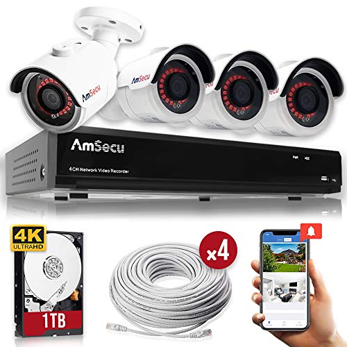 AmSecu Network Video Recorder 1080P UltraHD 4K NVR Kit, (1) 4CH POE NVR & (4) UltraHD 4K 8MP 3.6mm Lens POE Bullet Cameras, Included 1TB Hard Drive, Day and Night Vision IR IP66 Weatherproof H.265