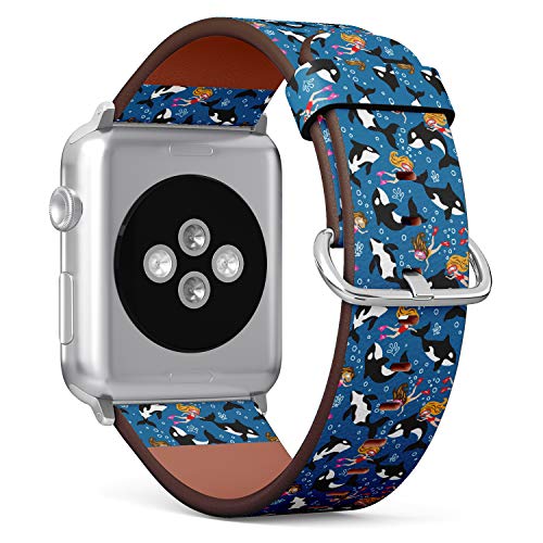 S-Type iWatch Leather Strap Printing Wristbands for Apple Watch 4/3/2/1 Sport Series (42mm) - Marine Pattern with Cute Dolphins and Diving Girls