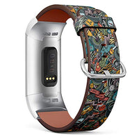Replacement Leather Strap Printing Wristbands Compatible with Fitbit Charge 3 / Charge 3 SE - Cartoon Cute Doodles Automotivepattern