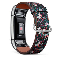 Replacement Leather Strap Printing Wristbands Compatible with Fitbit Charge 2 - Butterfly Floral Pattern