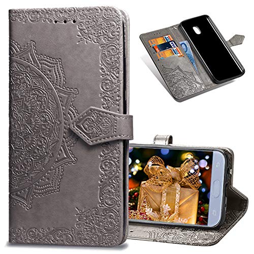 COTDINFORCA J7 2018 Wallet Case, Slim Premium PU Flip Cover Mandala Embossed Full Body Protection with Card Holder Samsung Galaxy J7 2018/J7 Refine/J7 Star/J7 Eon/J7 TOP. SD Mandala - Gray