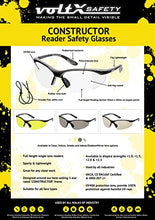 Load image into Gallery viewer, voltX &#39;Constructor&#39; SAFETY READERS (CLEAR +1.0 Dioptre) Full Lens Reading Safety Glasses ANSI Z87.1+ &amp; CE EN166F, Wraparound Style - Includes Safety Cord with headstop - UV400 anti fog coated lens
