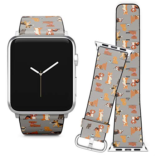 Compatible with Apple Watch (42/44 mm) Series 5, 4, 3, 2, 1 // Leather Replacement Bracelet Strap Wristband + Adapters // Different Dogs Breed Cute Puppy