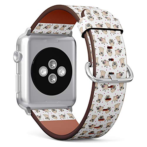 Compatible with Big Apple Watch 42mm, 44mm, 45mm (All Series) Leather Watch Wrist Band Strap Bracelet with Adapters (Pugs)