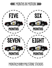 Load image into Gallery viewer, Months in Motion Monthly Stickers for Boy - Monthly Milestone Sticker - 12 Monthly Milestone Stickers - Baby Month Stickers for Infant First Year - Belly Stickers - Police Officer Car
