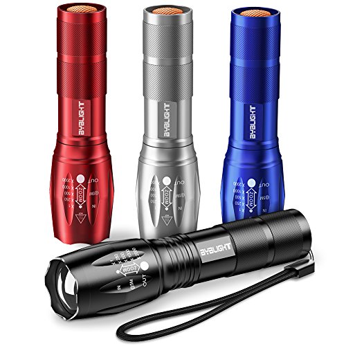 Pack of 4 Tactical Flashlights, BYBLIGHT 800 Lumen Ultra Bright XML-T6 LED Flashlight with 5 Modes, Zoomable, Waterproof, Handheld Small Flashlight for Outdoor Camping, Fishing and Hunting (colorful)