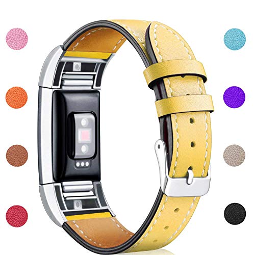 Hotodeal Replacement Leather Band Compatible for Charge 2, Fitness Strap Women Men Small Large (Yellow- Silver Buckle)