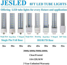 Load image into Gallery viewer, JESLED 8FT LED Bulbs Light - 72W 5000K Daylight, Clear Cover, R17D/HO Base, 7200LM, 110W Equivalent Fluorescent Tubes F96T12/DW/HO, Rotate V Shaped, Dual-Ended Powered, Ballast Bypass, Pack of 4
