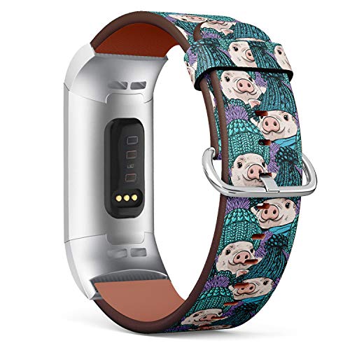 Replacement Leather Strap Printing Wristbands Compatible with Fitbit Charge 3 / Charge 3 SE - Cute Pigs with Fitbit Hats