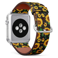 Q-Beans Band, Compatible with Small Apple Watch 38/40 mm, Replacement Leather Band Bracelet Strap Wristband Accessory // Sunflowers On Black Pattern