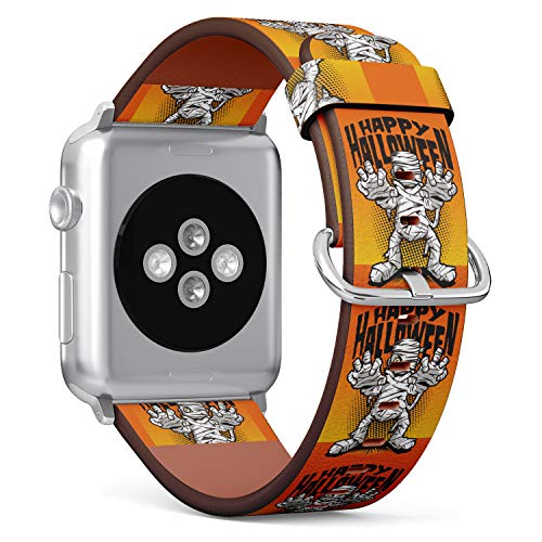 S-Type iWatch Leather Strap Printing Wristbands for Apple Watch 4/3/2/1 Sport Series (38mm) - Funny Happy Halloween Mummy