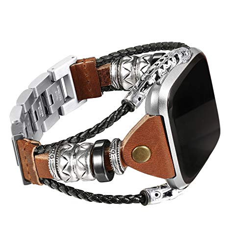 bayite Leather Bands Compatible with Fitbit Versa/Versa 2, Handmade Replacement Bracelet Straps Women Men, Brown