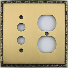 Load image into Gallery viewer, Egg &amp; Dart Antique Brass Two Gang Combo Switch Plate - One Push Button Light Switch One Duplex Outlet
