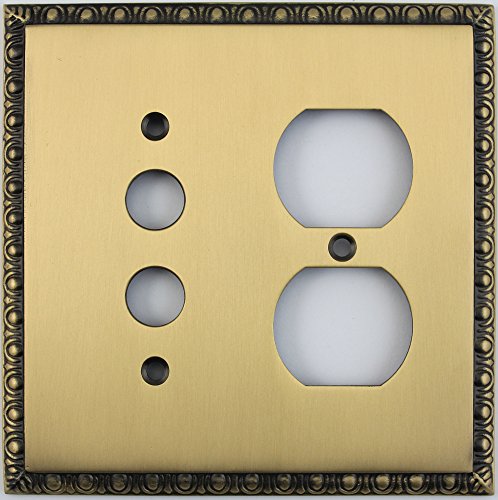 Egg & Dart Antique Brass Two Gang Combo Switch Plate - One Push Button Light Switch One Duplex Outlet
