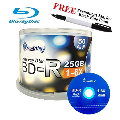 Smartbuy 50-disc 25GB 6X BD-R Blu-Ray Logo Top Blank Media Record Disc + Black Permanent Marker