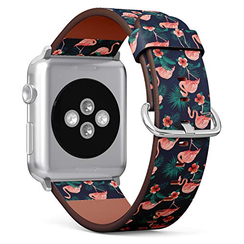 Compatible with Small Apple Watch 38mm, 40mm, 41mm (All Series) Leather Watch Wrist Band Strap Bracelet with Adapters (Beautiful Flamingo Bird Flowers)