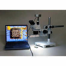 Load image into Gallery viewer, AmScope SW-3T13-FRL Trinocular Stereo Microscope, WH10x Eyepieces, 10X and 30X Magnification, 1X/3X Objective, Single-Arm Boom Stand, 8W Fluorescent Ring Light, 110V-120V
