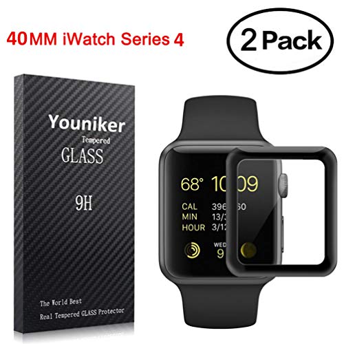 Youniker 2 Pack for Apple Watch 40 MM Screen Protector Tempered Glass for Apple iWatch 40mm Series 4,Full Coverage iWatch 4 Screen Protector Foilsl,Anti-Scratch,Bubble Free
