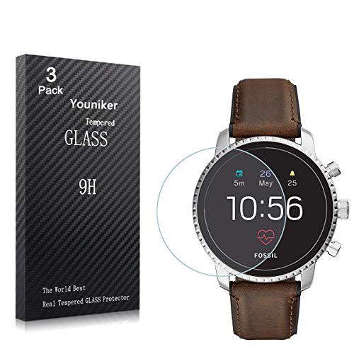 Youniker 3 Pack For Fossil Q Explorist Gen 4 Screen Protector Tempered Glass For Fossil Q Gen 4 Explorist HR Smart Watch Screen Protectors Foils Glass 9H 0.3MM,Anti-Scratch,Bubble Free