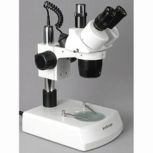 Load image into Gallery viewer, AmScope SW-2T24Z Trinocular Stereo Microscope, WH10x Eyepieces, 20X/40X/80X Magnification, 2X/4X Objective, Upper and Lower Halogen Lighting, Pillar Stand, 110V-120V, Includes 2.0x Barlow Lens
