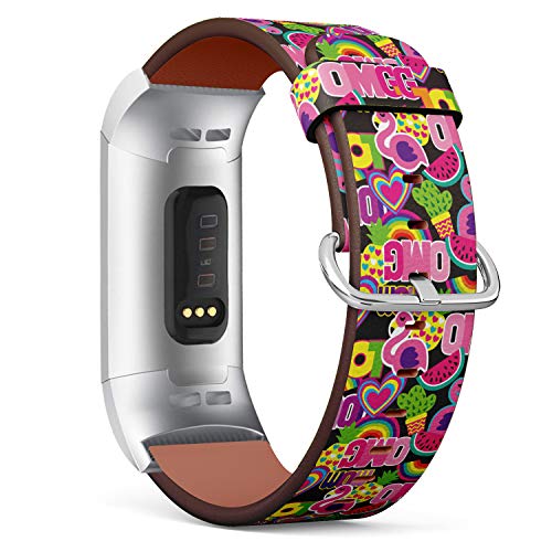 Replacement Leather Strap Printing Wristbands Compatible with Fitbit Charge 3 / Charge 3 SE - Colorful Hearts,Cactus,Flamingo, Pineapple,Rainbow