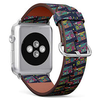 S-Type iWatch Leather Strap Printing Wristbands for Apple Watch 4/3/2/1 Sport Series (42mm) - Retro 80's Pop Art Eighties Boombox Radio Pattern