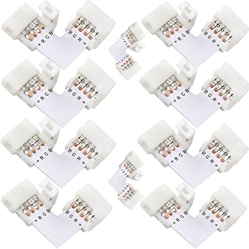 L Shape 4 Pins Connector 10-pack JACKYLED 10mm Right Angle Corner Solderless Connector 12V 72W Clip for 3528/5050 SMD RGB Fireproof Material 4 conductor LED Strip Lights Strip to Strip (22Pcs Clips)