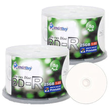 Load image into Gallery viewer, Smartbuy 100-disc 25gb 6X Bd-r BDR Blu-ray Single Layer White Inkjet Hub Printable Blank Data Recordable Media Disc with Cakebox/Spindle Packing
