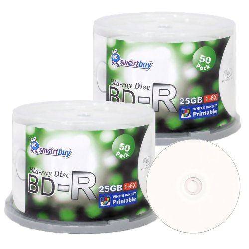 Smartbuy 100-disc 25gb 6X Bd-r BDR Blu-ray Single Layer White Inkjet Hub Printable Blank Data Recordable Media Disc with Cakebox/Spindle Packing
