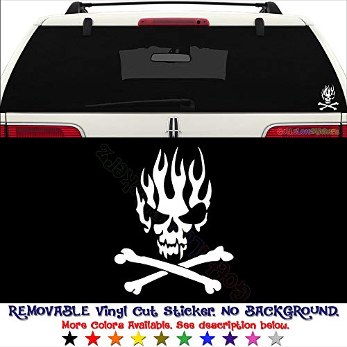 GottaLoveStickerz Death Skull Crossbones Flame Removable Vinyl Decal Sticker for Laptop Tablet Helmet Windows Wall Decor Car Truck Motorcycle - Size (15 Inch / 38 cm Tall) - Color (Matte Black)