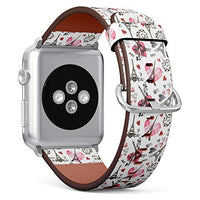 S-Type iWatch Leather Strap Printing Wristbands for Apple Watch 4/3/2/1 Sport Series (42mm) - Background with Paris Eiffel Tower and Pink Hearts