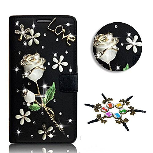 STENES Galaxy J7 V Case - 3D Handmade Crystal Luxury Rose Flowers Sparkle Wallet Credit Card Slots Fold Media Stand Leather Cover for Samsung Galaxy J7 Prime / J7 Perx / J7 Sky Pro - White