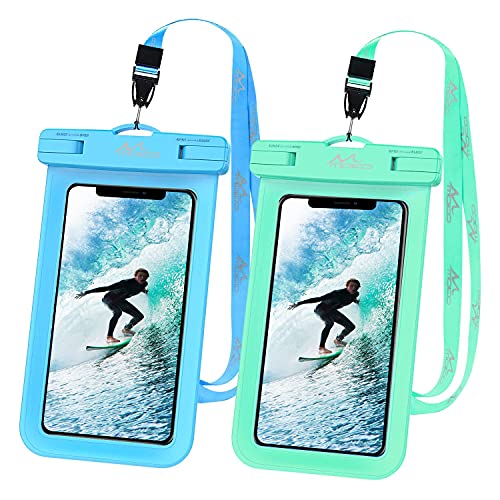 MoKo Waterproof Phone Pouch Holder [2 Pack], Underwater Phone Case Dry Bag with Lanyard Compatible with iPhone 14131211ProMaxX/Xr/Xs Max/SE 3,Samsung S21/S10/S9/S8 Plus, Blue+Green