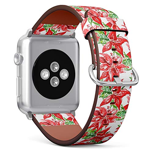 Compatible with Small Apple Watch 38mm, 40mm, 41mm (All Series) Leather Watch Wrist Band Strap Bracelet with Adapters (Big Poinsettia Flowers)